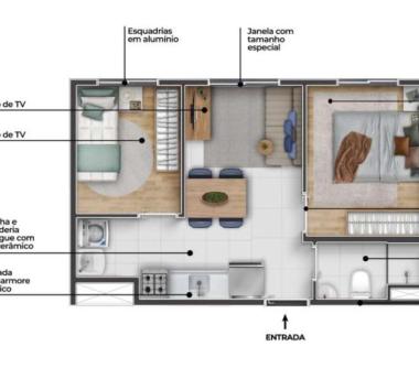 Perspectiva artística da Planta tipo C (Meio) 2 dorms 30,73 m²