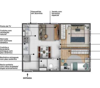 Perspectiva artística da Planta tipo A (Ponta) 2 dorms 32,62 m²