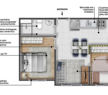 Perspectiva artística da planta tipo C (meio) 2 dorms 33,74 a 34,40 m²