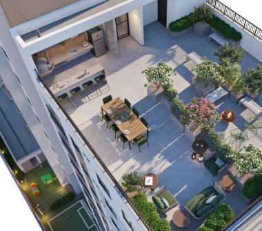 Perspectiva artística do rooftop com espaço gourmet