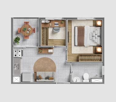 Perspectiva artística da planta com sugestão de decoração 1 dorm + office