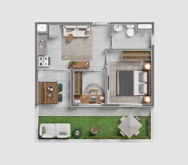 Perspectiva artística da planta com sugestão de decoração 1 dorm + office tipo garden