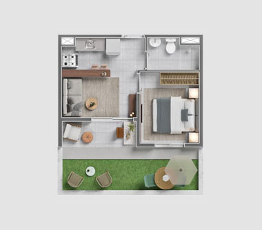 Perspectiva artística da planta com sugestão de decoração 1 dorm tipo garden