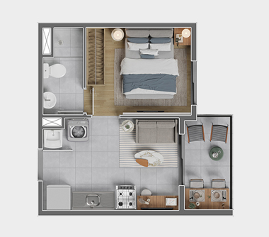 Perspectiva artística da planta tipo meio com 1 dorm