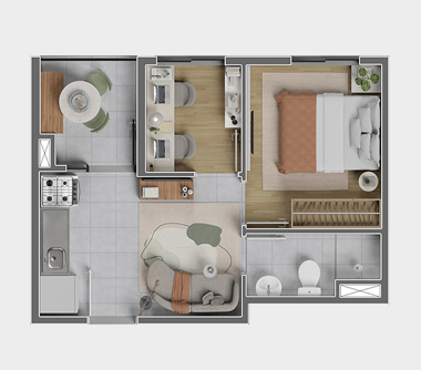 Perspectiva artística da planta tipo meio com 1 dorm + office