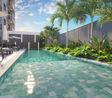 Perspectiva artística da piscina com deck molhado