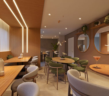 Perspectiva artística do salão de festas e coworking